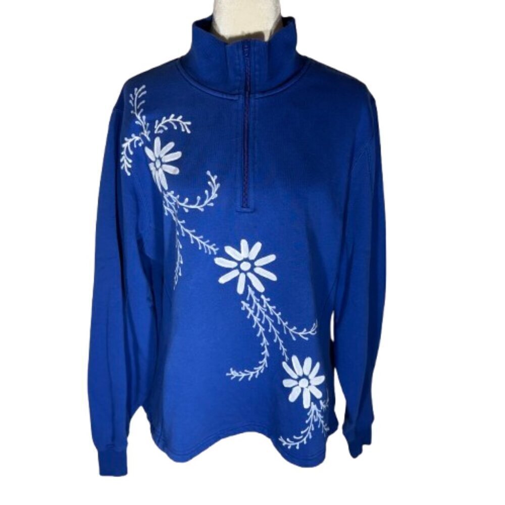 Lauriejo Designs Long Sleeve Blue with White Flowers 1/4 Zip Pullover Size XXL